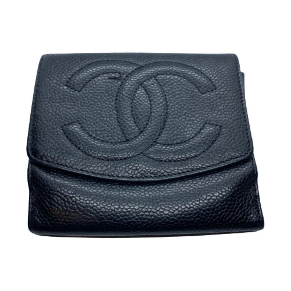Vintage Authentic CHANEL Black Caviar Leather Bifold Designer Wallet